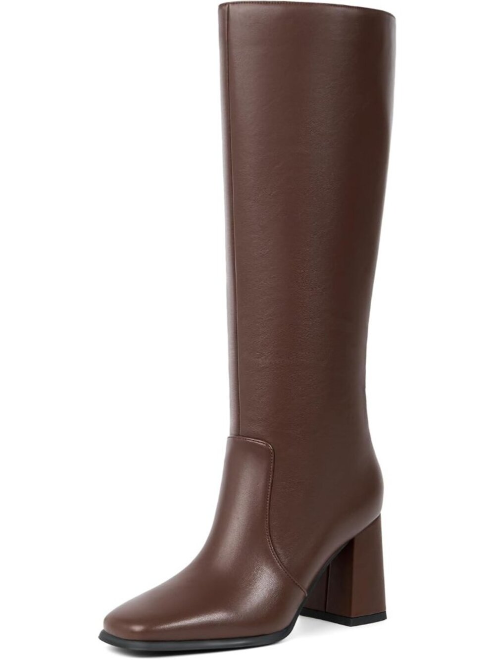 Women's All Brown Square Toe Chunky Heel Side Zipper Knee High Gogo Boot Shoes